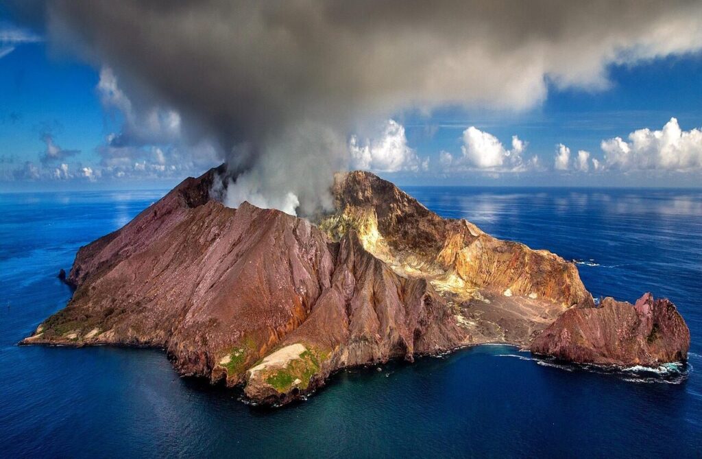 new zealand, volcano, crater, white island, island, nature, active, smoke, ash, aerial view, north island, sea, bay of plenty, volcanism, whakaari, zealand